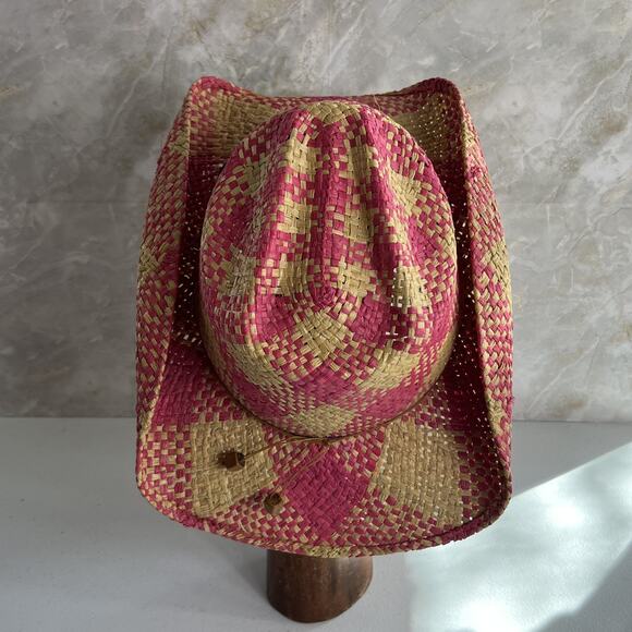 Leather & Hat Company Cowboy Hat Women\'s M Pink Tan Woven Straw Beaded Band